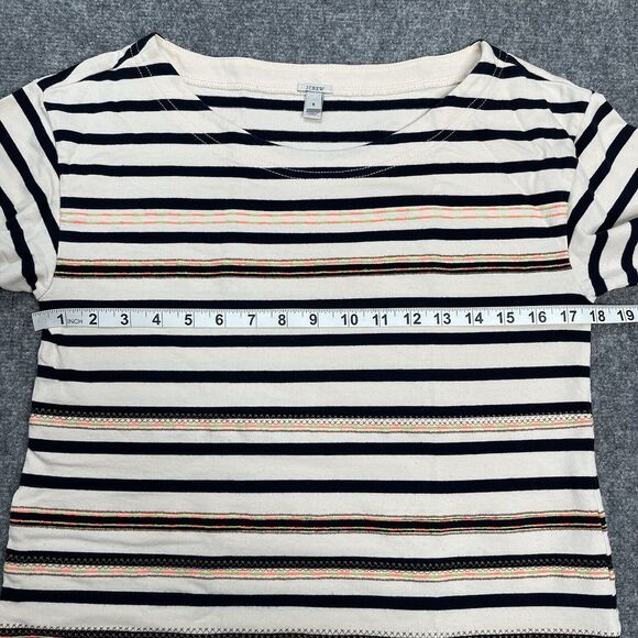 J Crew Top Womens Size Small Short Sleeve Embroidered Beige Striped Cotton - Picture 6 of 8